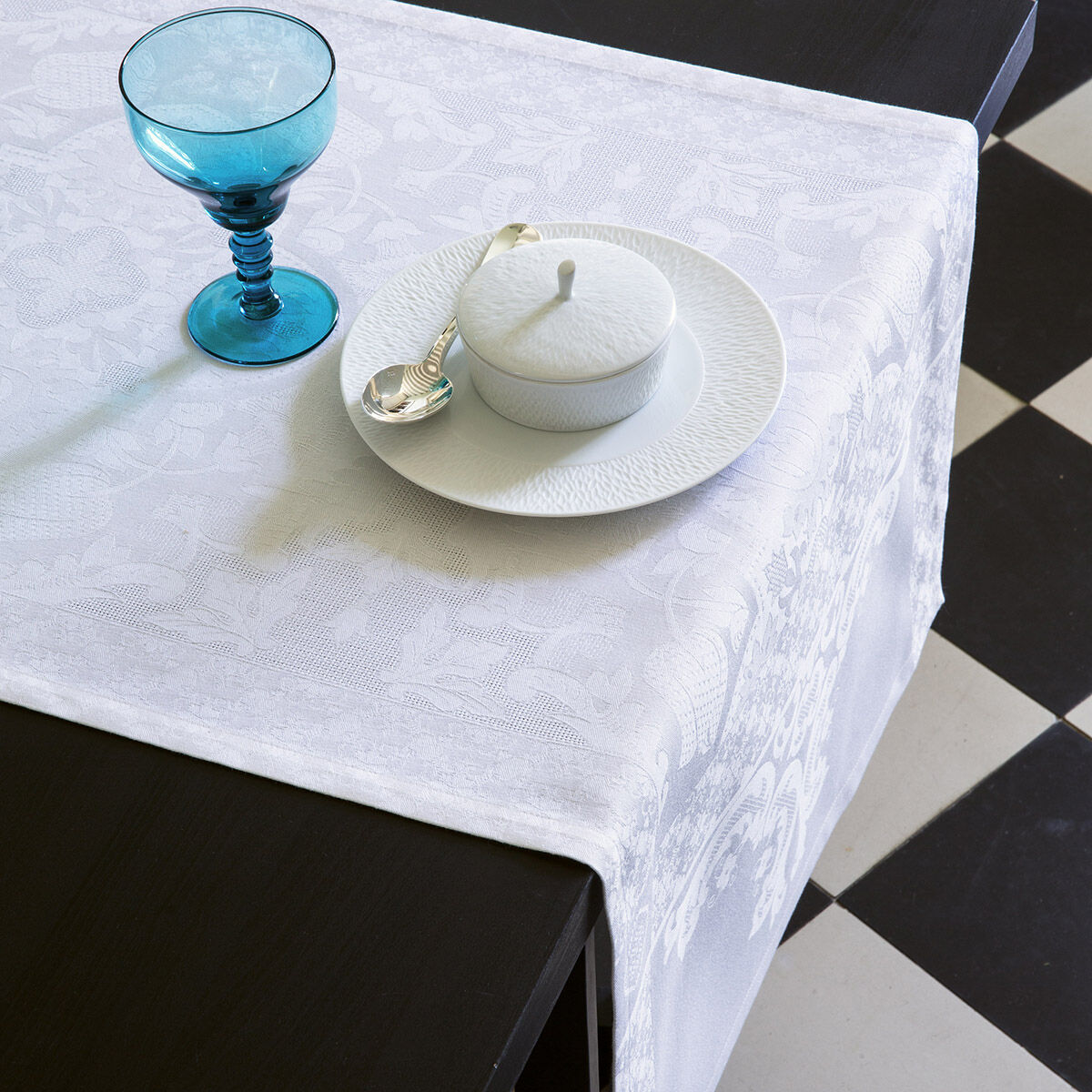 Runner white cotton Azulejos | Le Jacquard Français